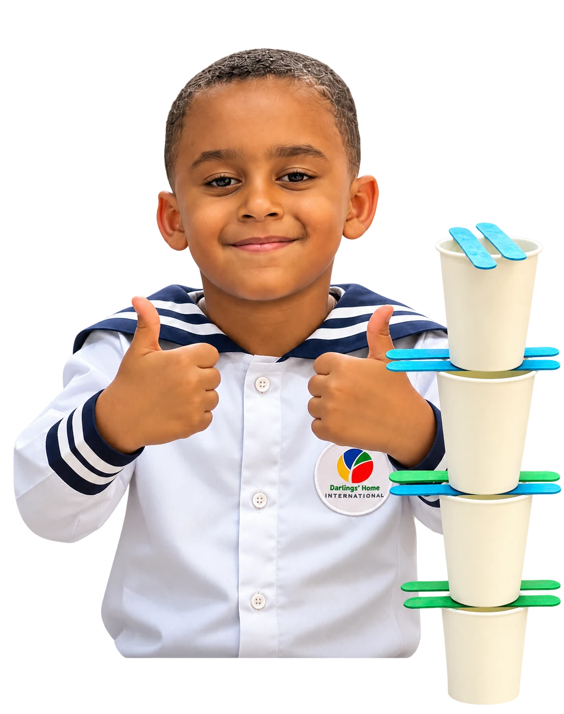 Pupil giving two thumbs up beside his cup-and-stick building project